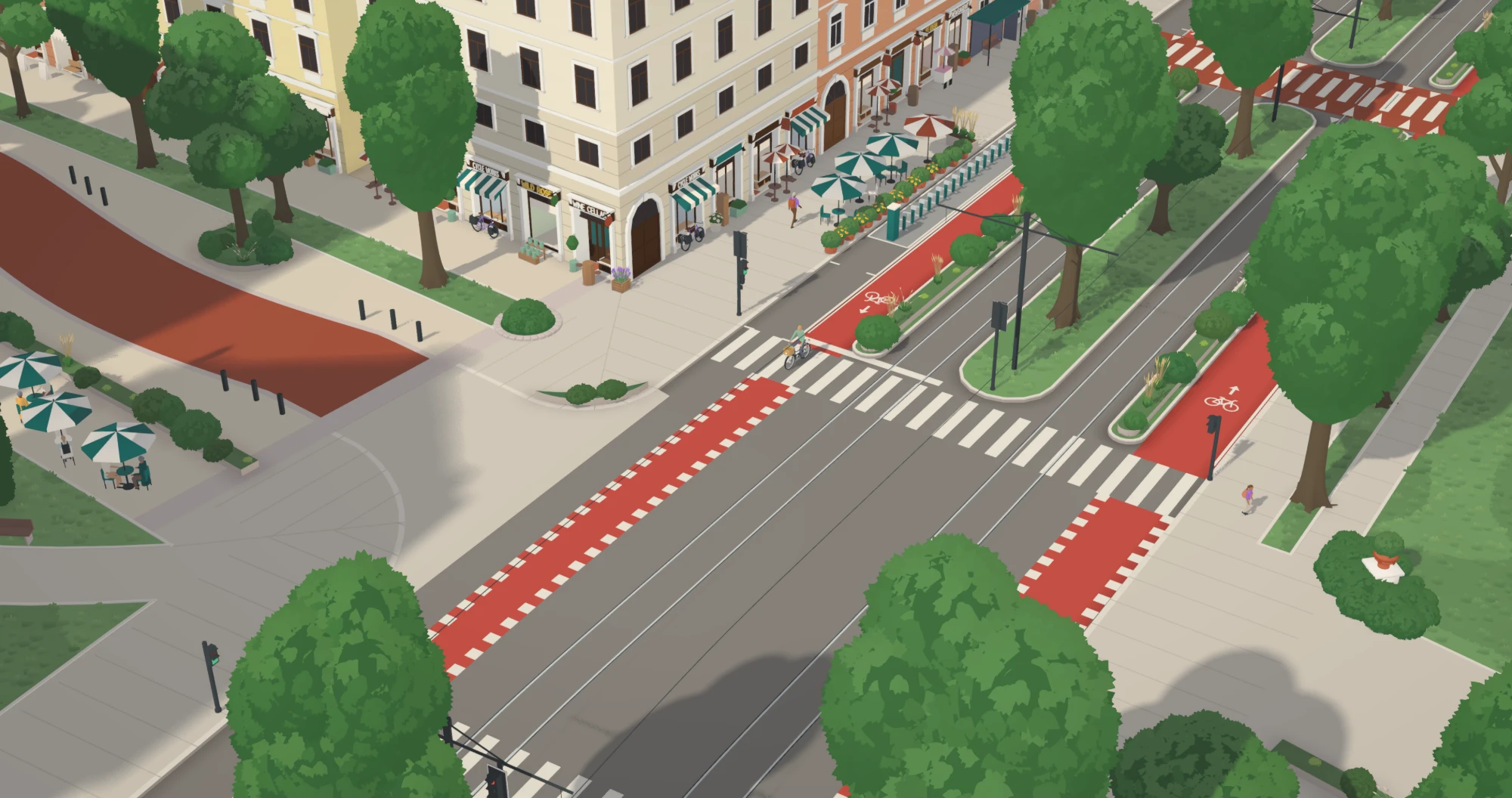 After: protected bike lanes, tram tracks, planted medians, café tables and street trees