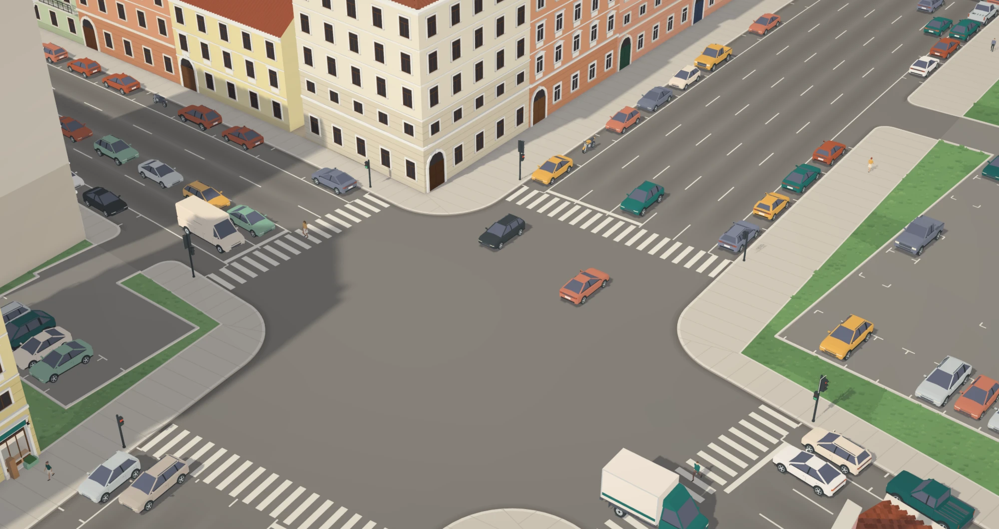 Before: a wide junction lined with parked cars and surface parking lots